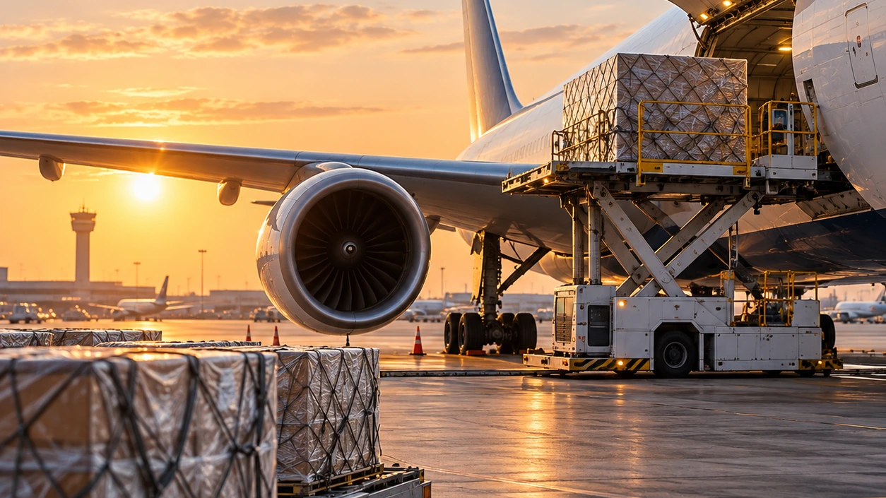 Air cargo being loaded onto an aircraft for international air freight