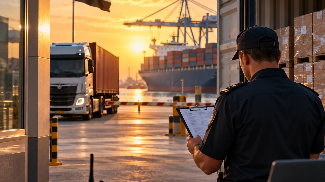 Customs inspection of cargo at an international shipping terminal