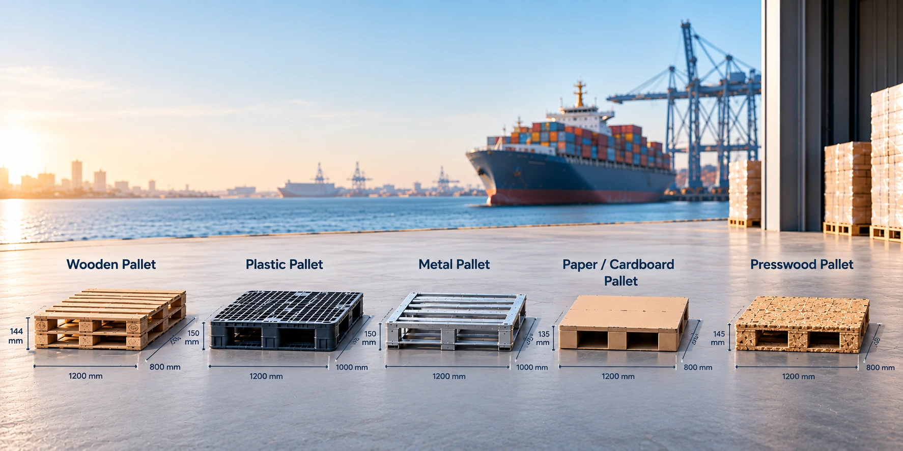 Types of pallets used in international shipping including wooden, plastic, metal, cardboard and presswood pallets